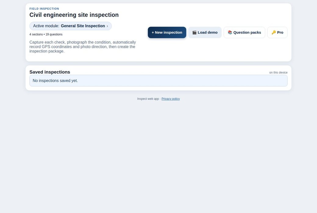 Inspection form — questions, OK / Monitor / Defect, photo and video evidence