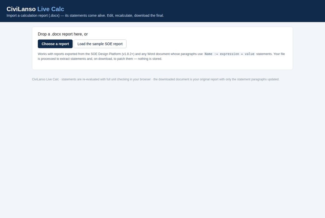 Drop a .docx report — or load the sample SOE report with one click