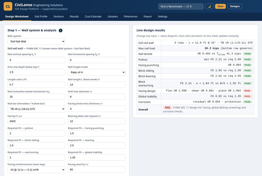 Design worksheet — nail layout, bond values and the live illustration